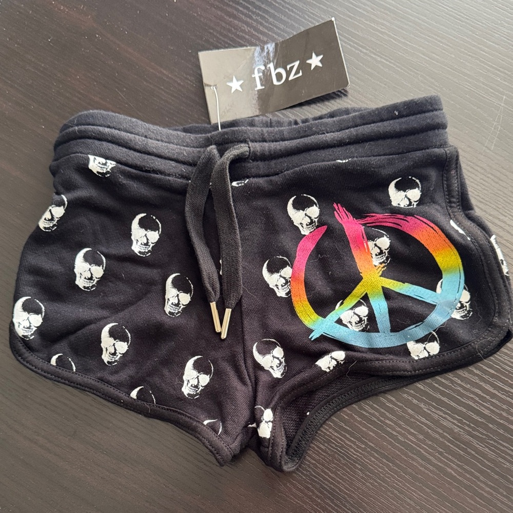 Flowers by Zoe Black Shorts with Skulls and Rainbow Peace Sign